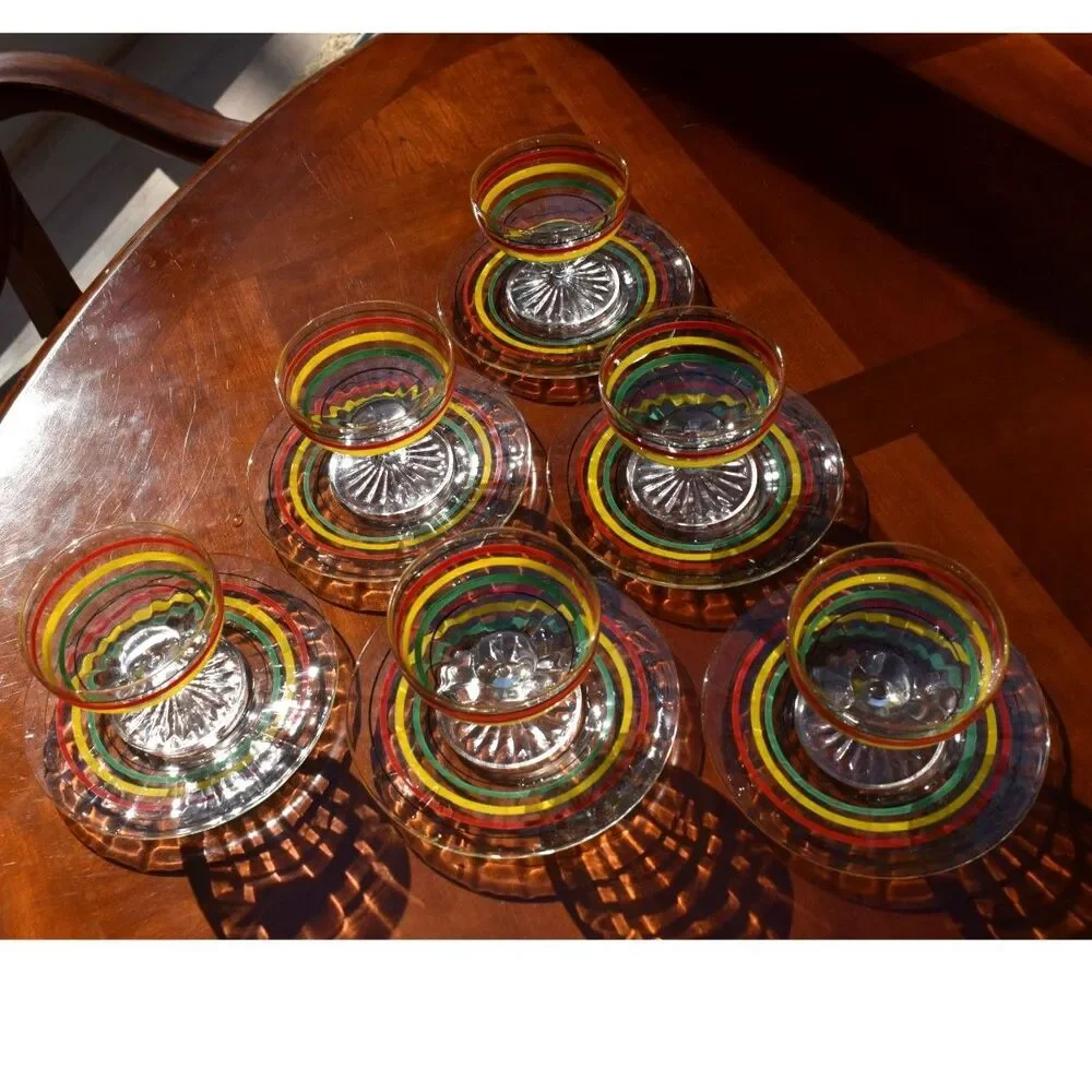 12-Piece Vintage Fiesta Go-Along Glass Set, Red, Yellow, Green, and Black Bands